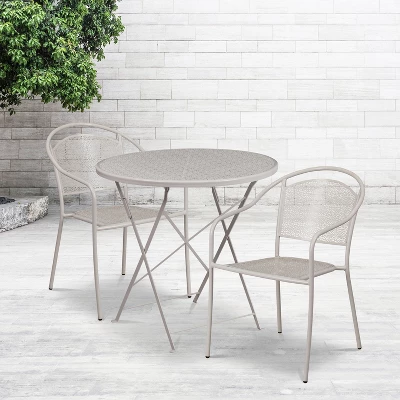 Emma And Oliver Commercial Grade 30" Round Metal Folding Patio Table Set W/ 2 Round Back Chairs 1 Emma And Oliver Commercial Grade 30" Round Metal Folding Patio Table Set W/ 2 Round Back Chairs