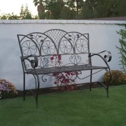38" X 45" Iron Birds And Leaves Outdoor Garden Bench Brown - Alpine Corporation