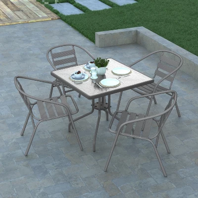 Emma And Oliver 31.5'' Square Glass Top Metal Table With 4 Aluminum Slat Stack Chairs 4 Emma And Oliver 31.5'' Square Glass Top Metal Table With 4 Aluminum Slat Stack Chairs - Image 4