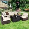 Tangkula 7PCS Patio Rattan Furniture Set 42" Fire Pit Table W/ Cover Cushioned