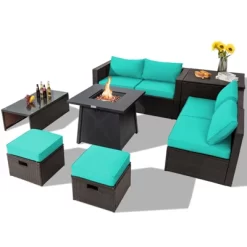 Tangkula 9PCS Outdoor Patio Furniture Set With 30" Propane Fire Pit Table PE Wicker Space-Saving Sectional Sofa Set W/ Storage Box & Cushions -Outdoor Comfort Deals Store GUEST a5372c13 1053 456a b5e1 91a6c8ad45f3