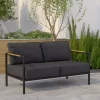 Emma And Oliver Aluminum Frame Loveseat With Teak Arm Accents And Plush Cushions