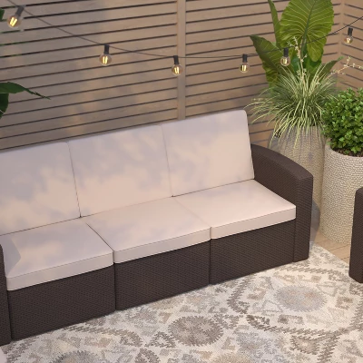 Merrick Lane Outdoor Furniture Resin Sofa Chocolate Brown Faux Rattan Wicker Pattern Patio 3-Seat Sofa With All-Weather Beige Cushions 4 Merrick Lane Outdoor Furniture Resin Sofa Chocolate Brown Faux Rattan Wicker Pattern Patio 3-Seat Sofa With All-Weather Beige Cushions - Image 4