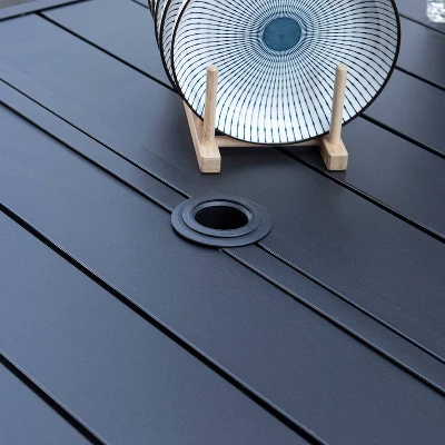 7pc Patio Dining Set With 59"x35" Steel Rectangle Table With 2.6" Umbrella Hole & 6 Steel Arm Chairs - Black - Captiva Designs 2 7pc Patio Dining Set With 59"x35" Steel Rectangle Table With 2.6" Umbrella Hole & 6 Steel Arm Chairs - Black - Captiva Designs - Image 2