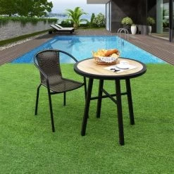 Costway 29'' Patio Round Bistro Metal Table Wood-Like Top Garden Deck Backyard