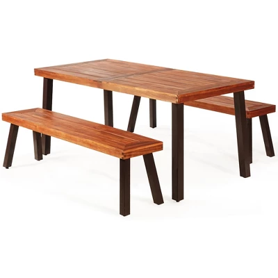Costway 3 Pieces Picnic Table Set Acacia Wood Table Bench With Steel Legs Outdoor Patio 1 Costway 3 Pieces Picnic Table Set Acacia Wood Table Bench With Steel Legs Outdoor Patio