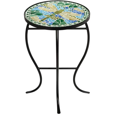 Teal Island Designs Modern Black Round Outdoor Accent Side Table 14" Wide Blue Green Dragonfly Mosaic Tabletop Front Porch Patio Home House 5 Teal Island Designs Modern Black Round Outdoor Accent Side Table 14" Wide Blue Green Dragonfly Mosaic Tabletop Front Porch Patio Home House - Image 5