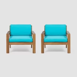 Santa Ana 2pk Acacia Wood Club Chairs Teak/Teal - Christopher Knight Home