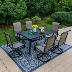 7pc Outdoor Dining Set With With Padded Sling Chairs & Metal Rectangle Table With Umbrella Hole - Captiva Designs