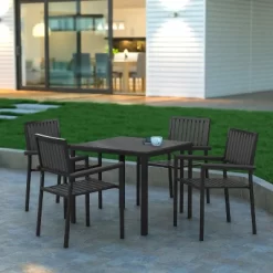 Emma And Oliver 5 Piece Modern Weather And Rust Resistant Black Steel And Polyresin Patio Set With Table And 4 Chairs For Indoor/Outdoor Use