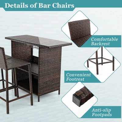 Costway Patio 3PCS Wicker Bar Set Height Table Two Stools With 3 Rows Stemware Racks Garden 4 Costway Patio 3PCS Wicker Bar Set Height Table Two Stools With 3 Rows Stemware Racks Garden - Image 4