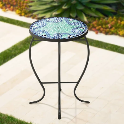 Teal Island Designs Black Round Outdoor Accent Side Tables 14" Wide Set Of 2 Blue Wave Mosaic Tabletop Front Porch Patio Home House 6 Teal Island Designs Black Round Outdoor Accent Side Tables 14" Wide Set Of 2 Blue Wave Mosaic Tabletop Front Porch Patio Home House - Image 6