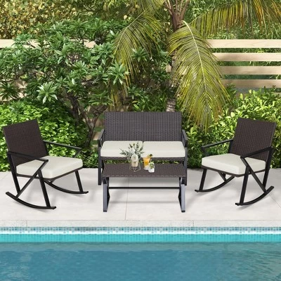Costway 4PCS Patio Rattan Wicker Rocking Chairs Loveseat Table Rocker Set Cushions Porch 3 Costway 4PCS Patio Rattan Wicker Rocking Chairs Loveseat Table Rocker Set Cushions Porch - Image 3