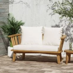 Solano Outdoor Wooden Loveseat With Cushions - White/Teak - Christopher Knight Home
