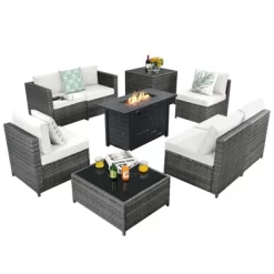 Tangkula 9 PCS Rattan Dinning Set Wicker Sofa W/Propane Gas Fire Pit 60,000 Btu Heater -Outdoor Comfort Deals Store GUEST af9411d6 76ae 4fa4 af7c 1a23d13489d9