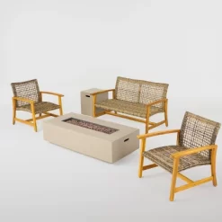 Augusta 5pc Wood & Wicker Chat Set With Fire Pit - Natural/Gray/Light Gray - Christopher Knight Home