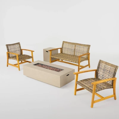 Augusta 5pc Wood & Wicker Chat Set With Fire Pit - Natural/Gray/Light Gray - Christopher Knight Home 1 Augusta 5pc Wood & Wicker Chat Set With Fire Pit - Natural/Gray/Light Gray - Christopher Knight Home