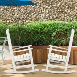 Outsunny 2 Pc Outdoor Rocking Chair, Traditional Slatted Porch Rocker With Armrests, Waterproof HDPE, White