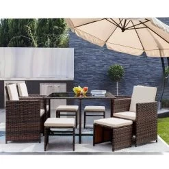 9pc Outdoor Conversation Set With Tempered Glass Table, Cushioned Chairs & Ottomans - Devoko -Outdoor Comfort Deals Store GUEST b1078b16 8bd2 45f2 ac42 3dd5e21d77cf