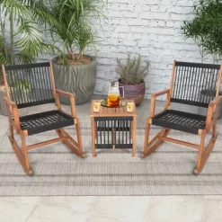 Costway 3pcs Patio Acacia Wood Bistro Table Rocking Chair Set All-Weather Rope Outdoor -Outdoor Comfort Deals Store GUEST b1f61467 5fe2 4ff4 ab96 3245def4281b