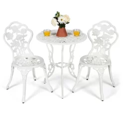 Costway 3PCS Cast Aluminum Patio Bistro Furniture Set Rose Design Outdoor White