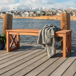 53" Slatted Acacia Wood X-Frame Patio Bench Brown - Saracina Home -Outdoor Comfort Deals Store GUEST b693a23e 6fc7 41fe 8ad1 80ccc722306b