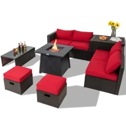 Tangkula 9PCS Outdoor Patio Furniture Set With 30" Propane Fire Pit Table PE Wicker Space-Saving Sectional Sofa Set W/ Storage Box & Cushions -Outdoor Comfort Deals Store GUEST bb85bf94 1308 408e 8214 6f4bdb39806d