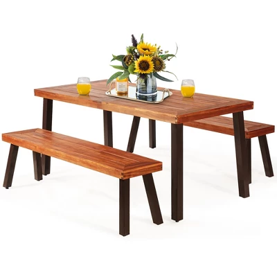 Costway 3 Pieces Picnic Table Set Acacia Wood Table Bench With Steel Legs Outdoor Patio 9 Costway 3 Pieces Picnic Table Set Acacia Wood Table Bench With Steel Legs Outdoor Patio - Image 9
