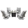 5pc Outdoor Dining Set With 34" Aluminum Round Basket Weave Design Fire Table, Deep Seating Swivel Rocking Chairs & Covers - Oakland Living