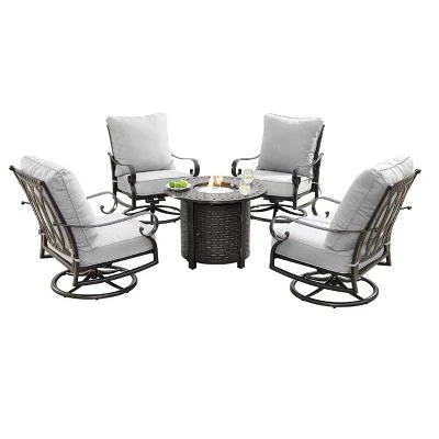 5pc Outdoor Dining Set With 34" Aluminum Round Basket Weave Design Fire Table, Deep Seating Swivel Rocking Chairs & Covers - Oakland Living 1 5pc Outdoor Dining Set With 34" Aluminum Round Basket Weave Design Fire Table, Deep Seating Swivel Rocking Chairs & Covers - Oakland Living