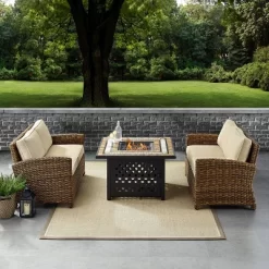 Crosley 3pc Bradenton Steel Outdoor Patio Fire Pit Furniture Set With Two Loveseats Tan/Brown