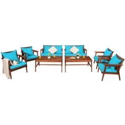 Costway 8PCS Patio Rattan Furniture Set Acacia Wood Frame Cushioned Sofa Chair Turquoise -Outdoor Comfort Deals Store GUEST c68ea905 75cb 4d2c 8355 88bf9f0b2586