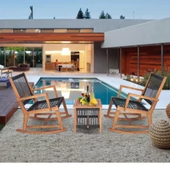 Costway 3pcs Patio Acacia Wood Bistro Table Rocking Chair Set All-Weather Rope Outdoor