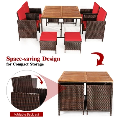 Costway 9PCS Patio Rattan Dining Set Cushioned Chairs Ottoman Wood Table Top WhiteRed 6 Costway 9PCS Patio Rattan Dining Set Cushioned Chairs Ottoman Wood Table Top WhiteRed - Image 6