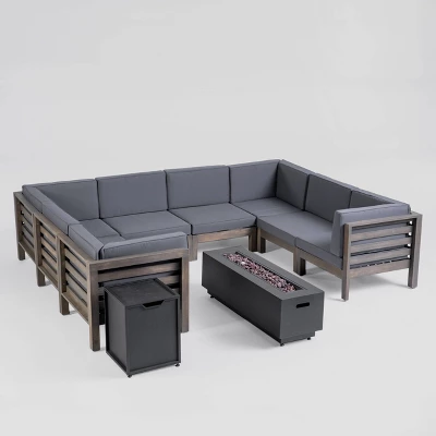 Malawi 10pc Acacia UShaped Sectional Sofa Set With Fire Pit Gray/Dark Gray - Christopher Knight Home 1 Malawi 10pc Acacia UShaped Sectional Sofa Set With Fire Pit Gray/Dark Gray - Christopher Knight Home