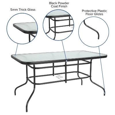 Emma And Oliver 7 Piece Patio Table & Chairs Set With 31.5"x55" Rectangular Metal Table With Tempered Glass Top And 6 Black Aluminum Stacking Chairs 2 Emma And Oliver 7 Piece Patio Table & Chairs Set With 31.5"x55" Rectangular Metal Table With Tempered Glass Top And 6 Black Aluminum Stacking Chairs - Image 2