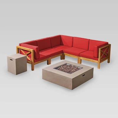 Brava 7pc Acacia Sectional Sofa Set With Fire Pit - Christopher Knight Home 1 Brava 7pc Acacia Sectional Sofa Set With Fire Pit - Christopher Knight Home