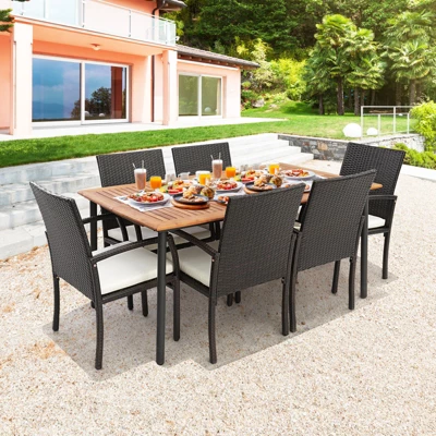 Costway 7PCS Patio Wicker Dining Set Cushion Armchairs Acacia Wood Table With Umbrella Hole 1 Costway 7PCS Patio Wicker Dining Set Cushion Armchairs Acacia Wood Table With Umbrella Hole
