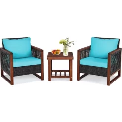 Tangkula 3PCS Patio Rattan Bistro Set Acacia Wood Frame Cushioned Sofa And Side Table -Outdoor Comfort Deals Store GUEST d643050d ebdc 48d1 a22e b090002e5abb