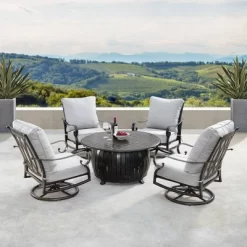 5pc Set With 44" Outdoor Aluminum Round Fire Table & 4 Deep Seating Swivel Rocking Chairs & Wind Blocker Lid - Oakland Living