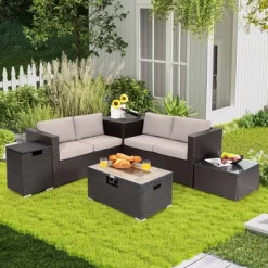 Costway 6PCS Patio Rattan Furniture Set 32'' Fire Pit Table Tank Holder With Cover Beige/Navy/Red/Turquoise -Outdoor Comfort Deals Store GUEST d685142a 4799 418b 86de 036c4496257b