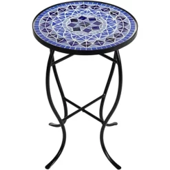 Teal Island Designs Modern Black Round Outdoor Accent Side Table 14" Wide Light Blue Mosaic Tabletop Front Porch Patio Home House Balcony -Outdoor Comfort Deals Store GUEST d70016a2 3025 4266 b15c 3ba655213d9e