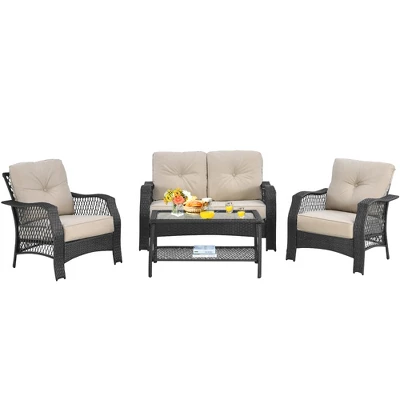 Costway 4PCS Patio Wicker Furniture Set Loveseat Sofa Coffee Table W/ Cushion 1 Costway 4PCS Patio Wicker Furniture Set Loveseat Sofa Coffee Table W/ Cushion