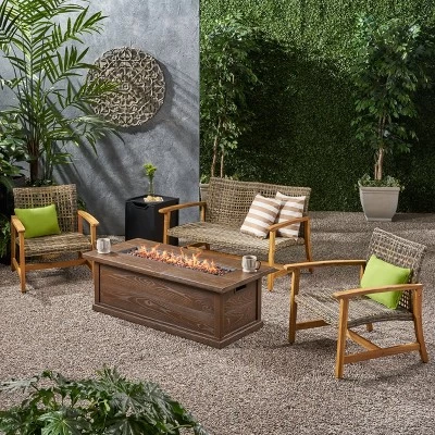 Breakwater 5pc Wood & Wicker Patio Chat Set With Fire Pit - Natural/Gray/Brown - Christopher Knight Home 1 Breakwater 5pc Wood & Wicker Patio Chat Set With Fire Pit - Natural/Gray/Brown - Christopher Knight Home