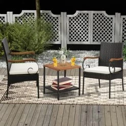 Costway Patio PE Wicker Chairs Acacia Wood Armrests With Soft Zippered Cushion Garden