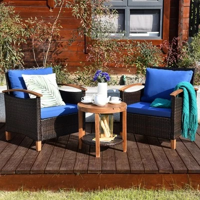 Costway 3PCS Patio Rattan Furniture Set Wooden Frame Cushion Table Shelf RedBeigeBlue 9 Costway 3PCS Patio Rattan Furniture Set Wooden Frame Cushion Table Shelf RedBeigeBlue - Image 9