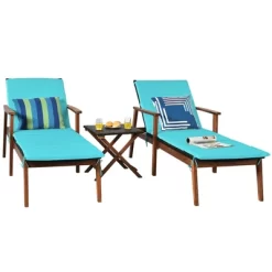 Costway 3PCS Patio Rattan Lounge Chair Folding Table Set Chaise Wood Cushioned WhiteTurquoise -Outdoor Comfort Deals Store GUEST dc21feec 1be7 4cf6 b8f0 7ff116d9923f