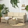 Outsunny 3 Piece Patio Furniture Set, Rattan Outdoor Sofa Set With Chaise Lounge & Loveseat, Soft Cushions, Storage, Table, Sectional Couch, Khaki
