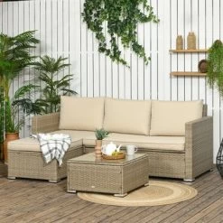 Outsunny 3 Piece Patio Furniture Set, Rattan Outdoor Sofa Set With Chaise Lounge & Loveseat, Soft Cushions, Storage, Table, Sectional Couch, Khaki