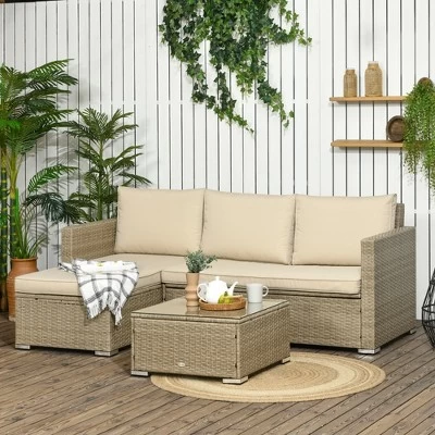 Outsunny 3 Piece Patio Furniture Set, Rattan Outdoor Sofa Set With Chaise Lounge & Loveseat, Soft Cushions, Storage, Table, Sectional Couch, Khaki 1 Outsunny 3 Piece Patio Furniture Set, Rattan Outdoor Sofa Set With Chaise Lounge & Loveseat, Soft Cushions, Storage, Table, Sectional Couch, Khaki